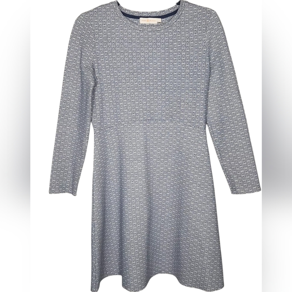 Tory Burch Corrine Crew Neck Long Sleeve Dress Chainlink Pattern Iconic Logo S